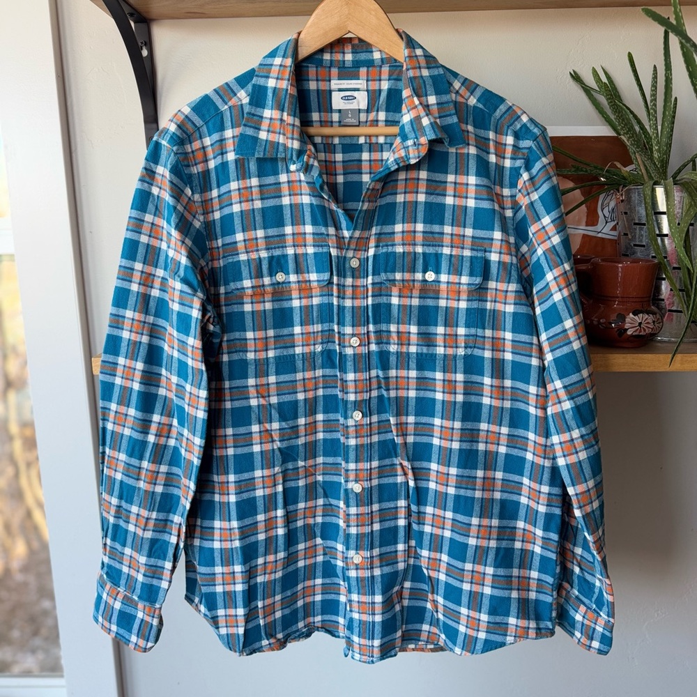 Old Navy Teal Blue Orange Plaid Flannel Button Down Shirt Size Large Regular Fit